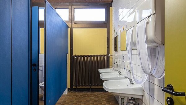 Blick entlang der royalblauen WC-Trennwände und Waschplätze mit Stoffhandtuchspender und Spiegeln. Die Fliesen und die Holzdecke zeigen deutliche Alterserscheinungen.