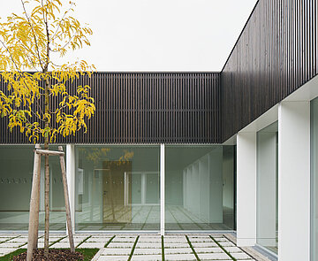 Blick vom Innenhof auf das Rasenpflaster und einen frisch gepflanzten Baum, dahinter ein Teil der dunkelgrauen Holzlattenfassade mit großen Fenstern und weißen Rahmen.