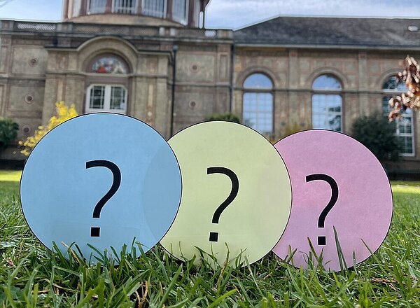 Fragezeichen auf runden, bunten Karteikarten auf der Wiese.