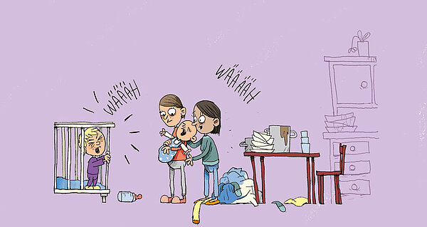 Illustration von zwei Erwachsenen mit schreiendem Kleinkind in Laufstall und quängelndem Baby auf dem Arm.