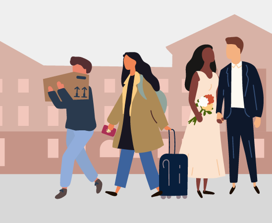 Dieses Bild beinhaltet Illustrationen zu den Themen Umzug, Reisepass und Heirat.