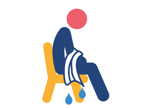 Hilfe bei Hitze, hat die Person ein rotes Gesicht? Dann muss die Person sich hinsetzen und ein nasses Tuch auf Arme und Nacken legen