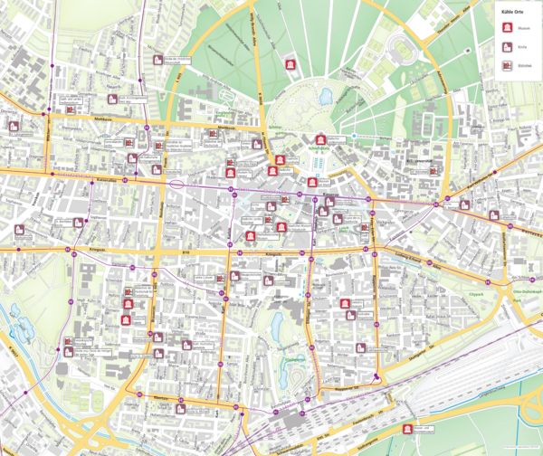 Kartenausschnitt von Karlsruhe mit kühlen Orten