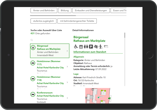 Das Bild zeigt die mobile Ansicht der WebApp Karlsruhe Barrierefrei auf einem iPad.