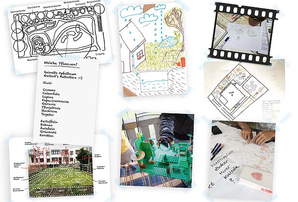 Collage aus Fotos, Zeichnungen, Plänen, Listen und Filmstreifen