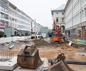 Blick auf die Baustelle in der Kaiserstraße in der Karlsruher Innenstadt.