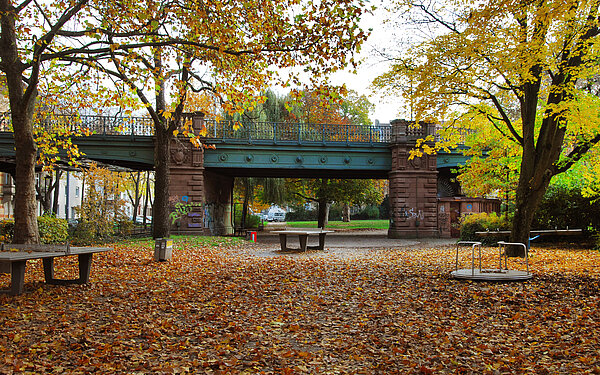 Das Bild zeigt den Sonntagsplatz in der Südweststadt im Herbst. 