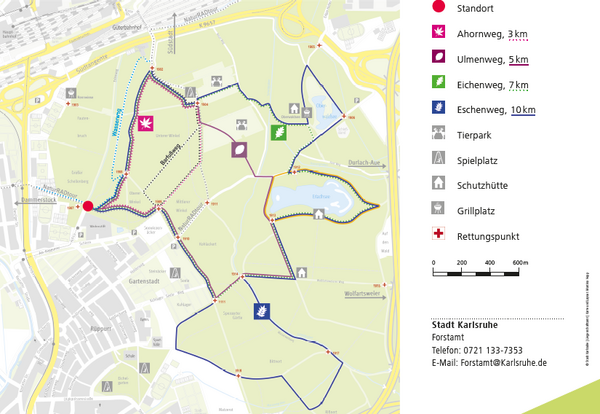 Das Bild zeigt eine Karte mit Laufstrecken im Oberwald.