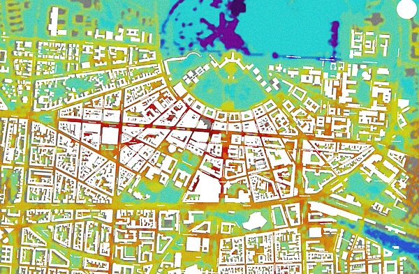Plandarstellung des Stadtklimas in der Karlsruher Innenstadt.