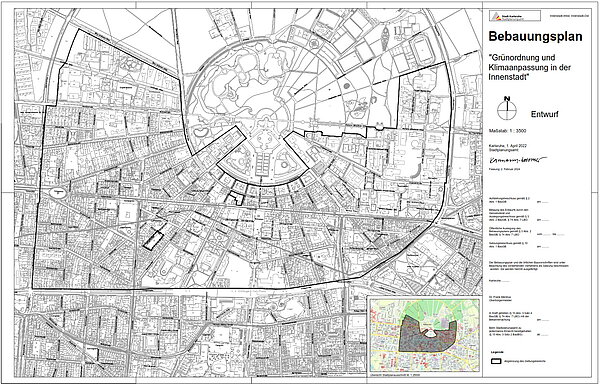 Die Karte zeigt den Geltungsbereich des Bebauungsplans "Grünordnung und Klimaanpassung in der Innenstadt". 