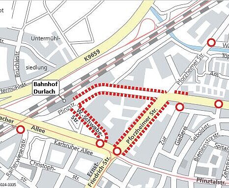 Karte über die Halteverbote im Versammlungsbereich am 9. November in Durlach