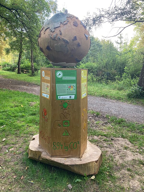 Das Bild zeigt ein Kunstwerk aus Holz mit dem Titel "Klimastamm".