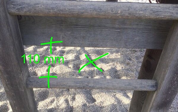 Das Bild zeigt die Feststellung eines zu großen Zwischenraumes und damit eine Kopffangstelle.