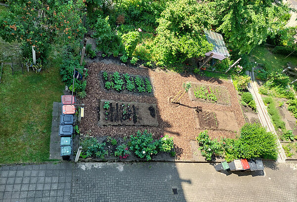 Vogelperspektive auf Garten im Sommer mit vier grün bepflanzten Beeten und Umrandung aus Rindenmulch