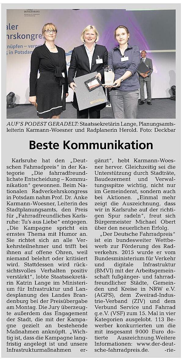 Artikel mit Bild zur Preisverleihung des deutschen Fahrradpreises 2015