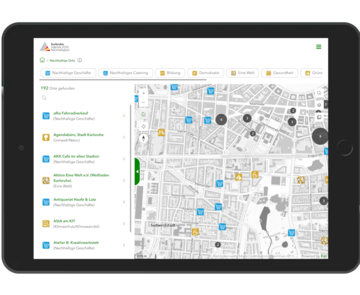 Abbildung der Benutzeroberfläche der Web App "Agenda 2030 - Nachhaltigkeit in Karlsruhe"