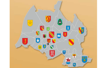 Abbildung Stadtgebiet mit Wappen.