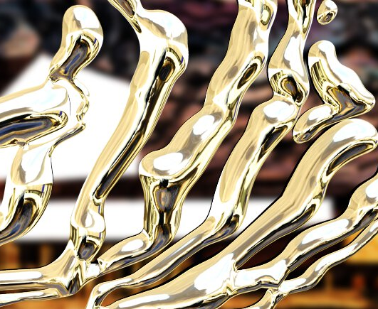 Sequenz aus der Videoarbeit "The Operator", die eine digital erzeugte, goldene Struktur vor einem unscharfen Bild des Badischen Theaters zeigt.